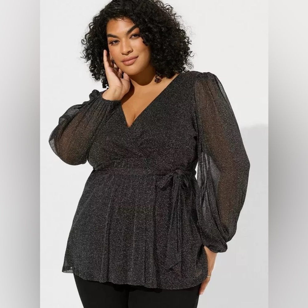 NWT Torrid Knit Glitter Lurex Surplice Peplum Top, Deep Black, 1X